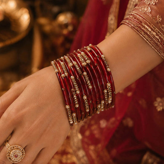 Red Color 5 Set Of Glass Bangles with Beautiful Ethnic Traditional Style