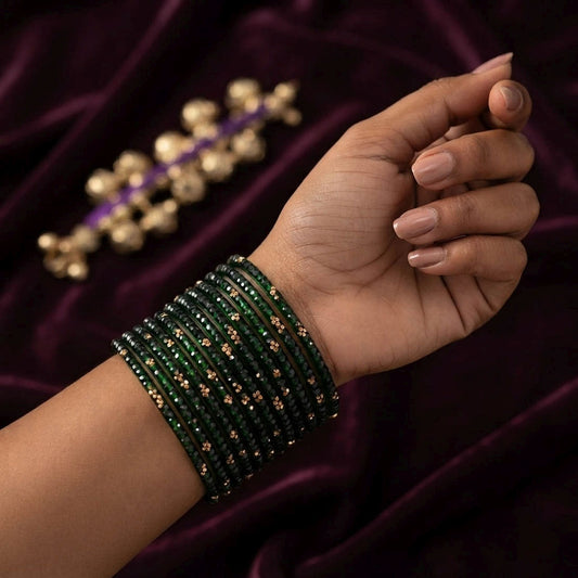 Green Color 6 Set Raindrop Crystal Glass Bangles With Graceful Traditional Partywear Design
