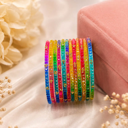 Artistic Handcrafted Multi Color Raindrop Crystal Glass Bangles Set Of Five For Everyday Styling