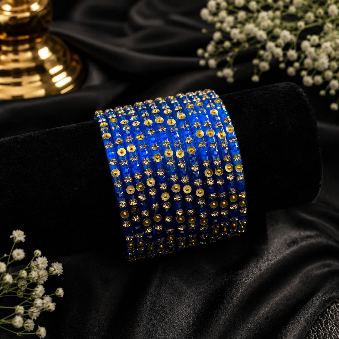 Royal Sapphire Blue Color Raindrop Crystal Glass Bangles Set Of Six For Special Occasions