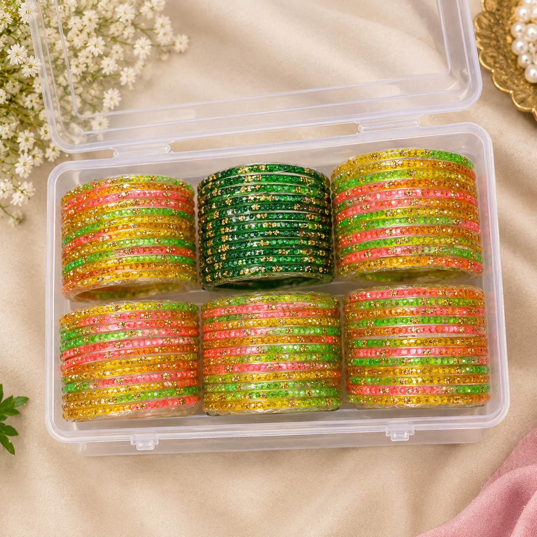 Eye Catching Festival Multi Color Raindrop Crystal Glass Bangles Set Of Six For Girls