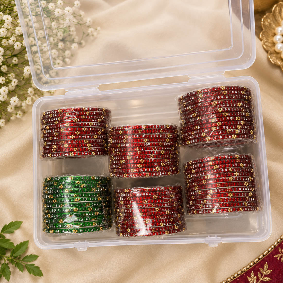 Classic Dual Green & Maroon Color Raindrop Crystal Glass Bangles Set Of Six For Brides