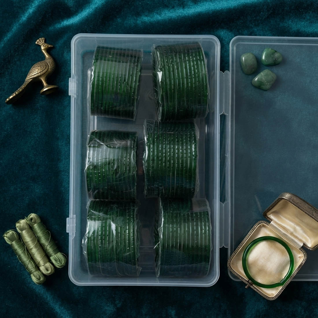 Lush Emerald Green Color Raindrop Crystal Glass Bangles Set Of Six For Indian Functions