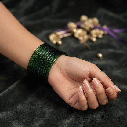 Lush Emerald Green Color Raindrop Crystal Glass Bangles Set Of Six For Indian Functions