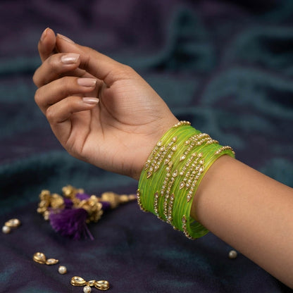 Refreshing Mint Light Green Color Raindrop Crystal Glass Bangles Set Of Six For Women