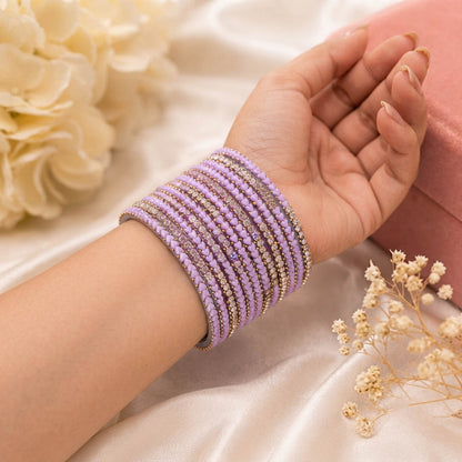Pastel Soft Lavender Color Raindrop Crystal Glass Bangles Set Of Six For Ethnic Outfits