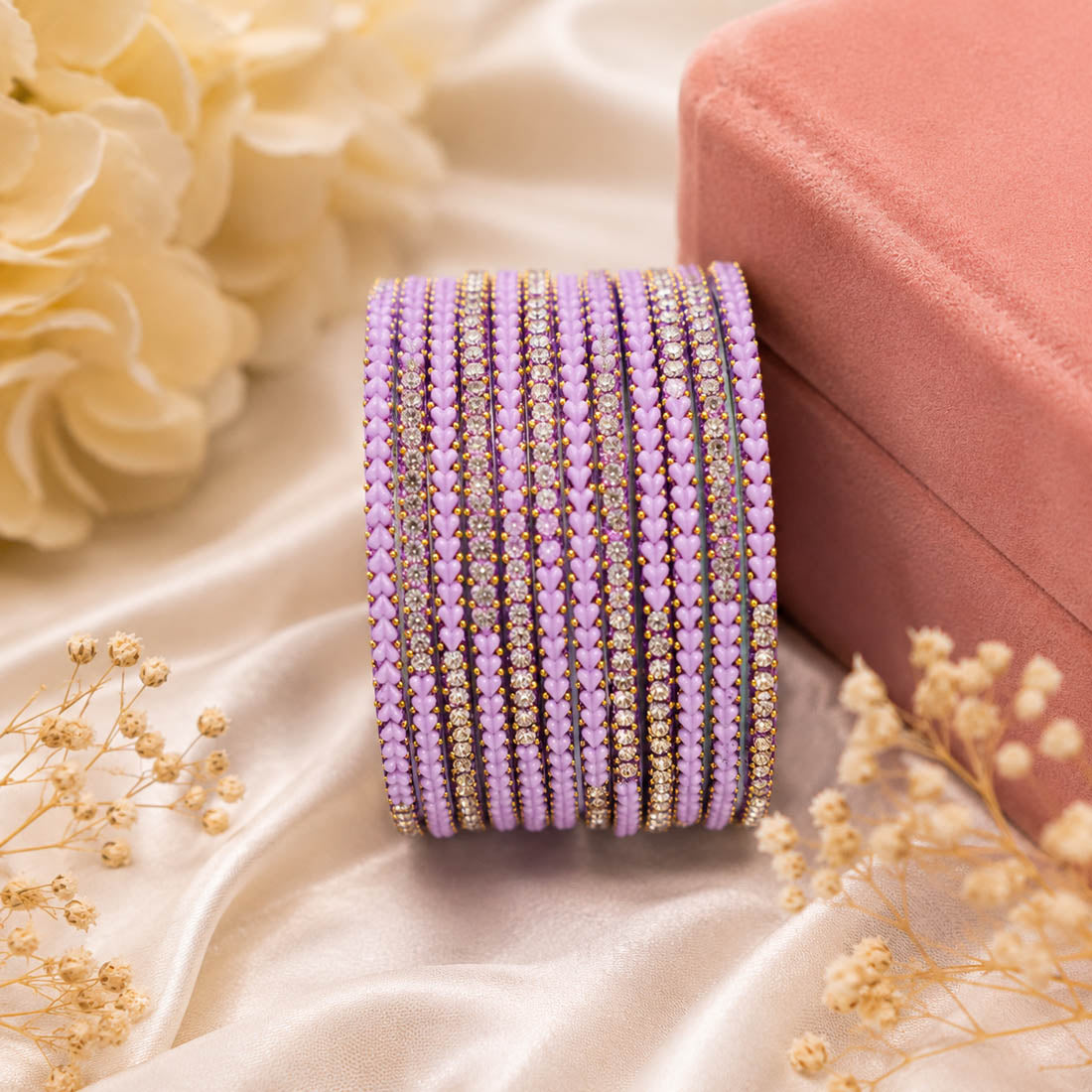 Pastel Soft Lavender Color Raindrop Crystal Glass Bangles Set Of Six For Ethnic Outfits