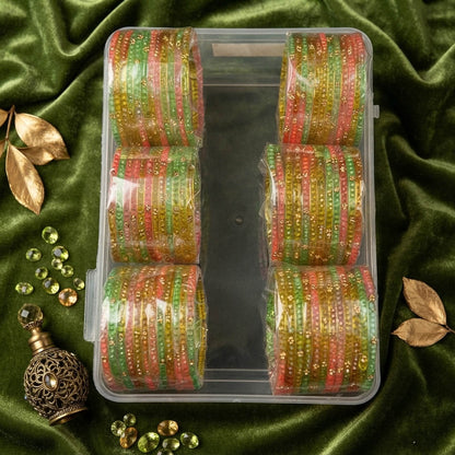 Playful Rainbow Multi Color Raindrop Crystal Glass Bangles Set Of Six For Traditional Wear