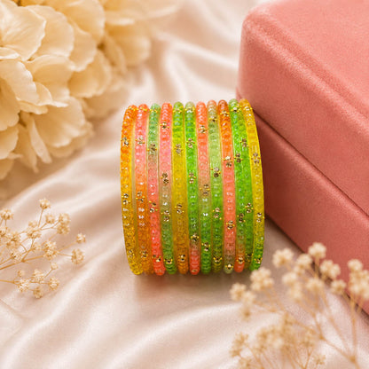 Playful Rainbow Multi Color Raindrop Crystal Glass Bangles Set Of Six For Traditional Wear
