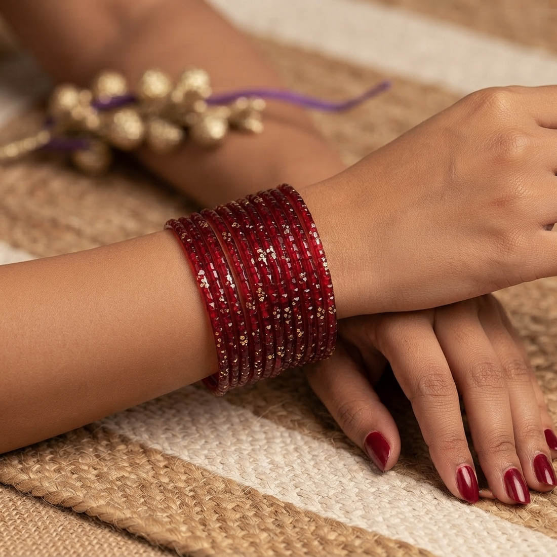 Rich Velvet Maroon Color Raindrop Crystal Glass Bangles Set Of Six For Bridal Outfits