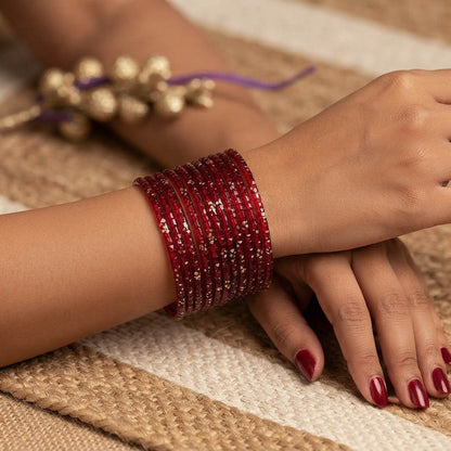 Rich Velvet Maroon Color Raindrop Crystal Glass Bangles Set Of Six For Bridal Outfits