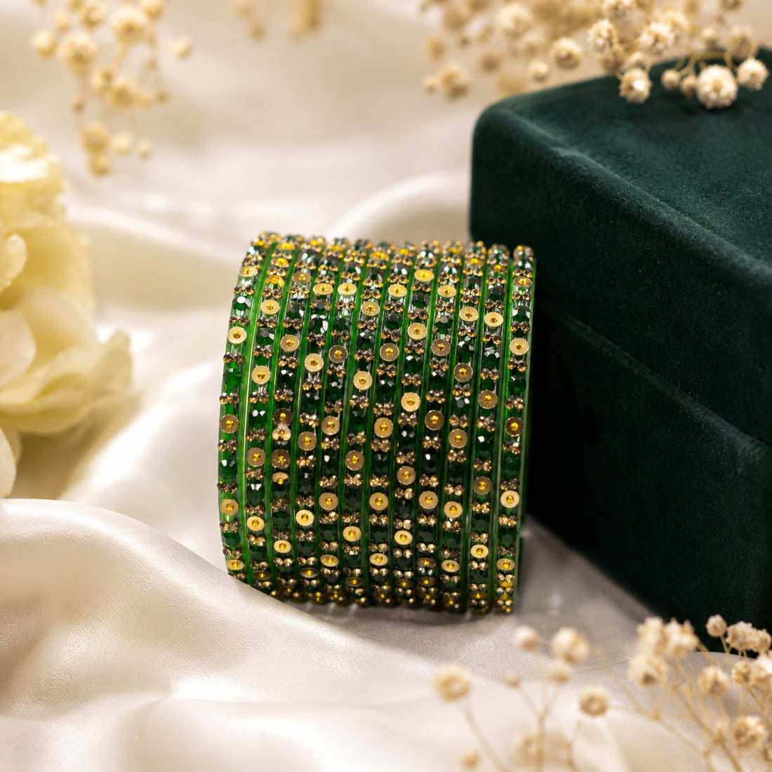 Sparkling Royal Green Color Raindrop Crystal Glass Bangles Set Of Five For Partywear
