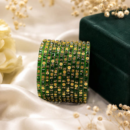 Sparkling Royal Green Color Raindrop Crystal Glass Bangles Set Of Five For Partywear