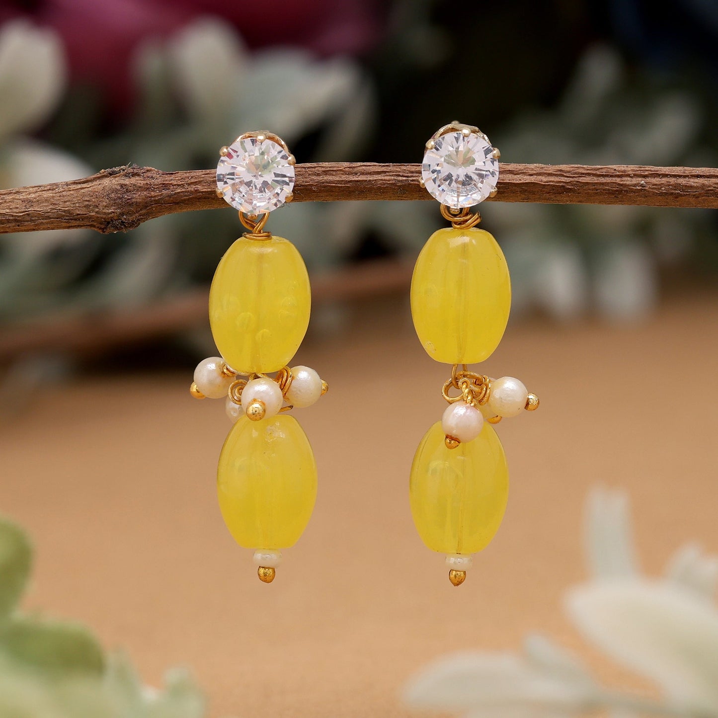 Vibrant Yellow Color Fashion Earrings With Stone Detailing Perfect For Festive Outfits