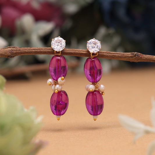 Purple Color Fashion Earrings With Sparkling Beads For Traditional And Modern Wear
