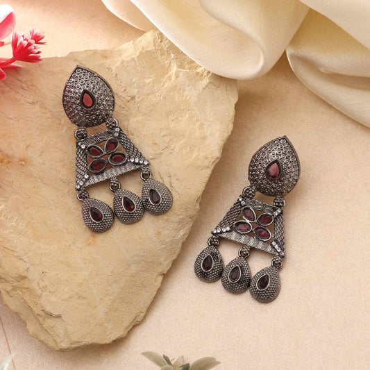 Stylish Maroon Color Fashion Earrings With Antique Finish For Wedding Look