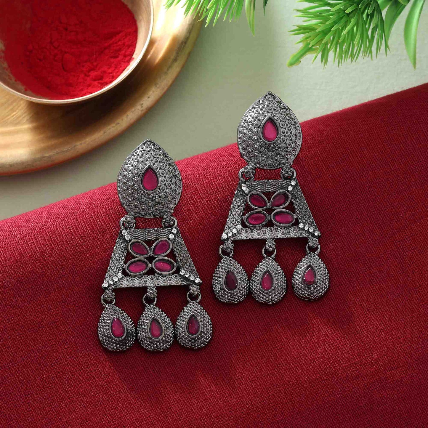Gorgeous Rani Color Fashion Earrings With Stylish Kundan Work For Festive Look