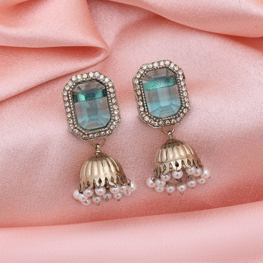 Rama Green Color Fashion Earrings With Graceful American Diamond Earrings Detail