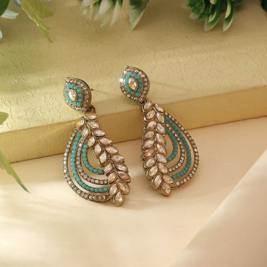 Firozi Color Fashion Earrings With Statement American Diamond Earrings Finish