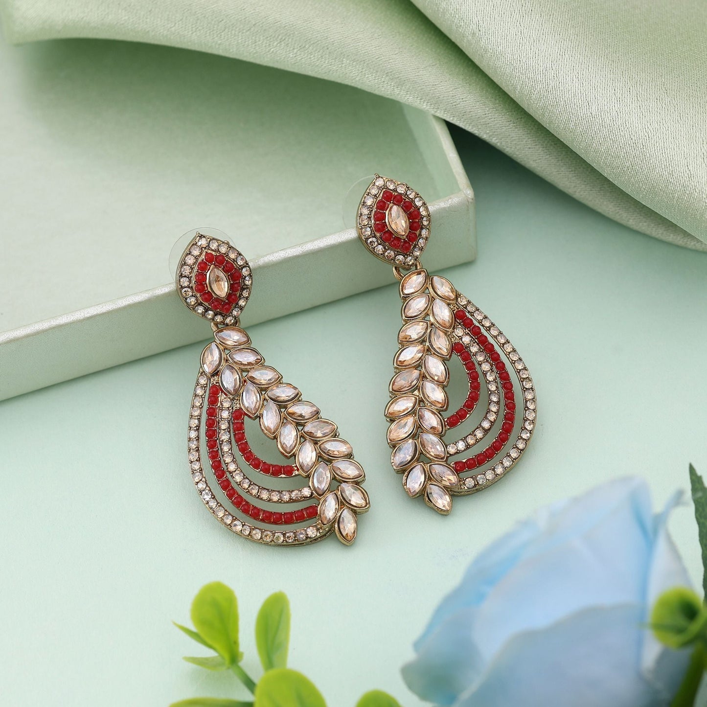 Red Color Fashion Earrings With Bold American Diamond Earrings Finish