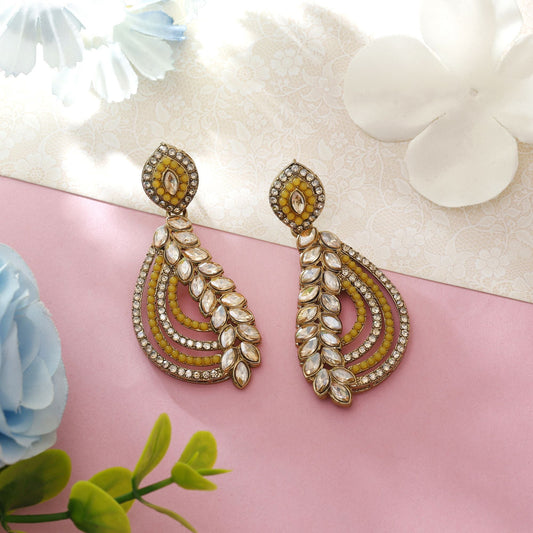 Yellow Color Fashion Earrings With Stylish American Diamond Earrings Detail