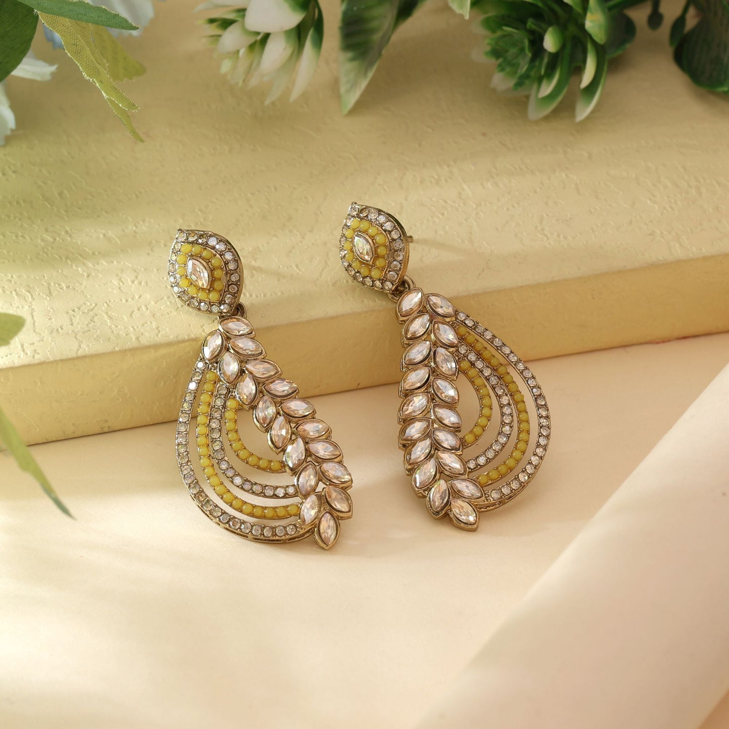 Yellow Color Fashion Earrings With Stylish American Diamond Earrings Detail