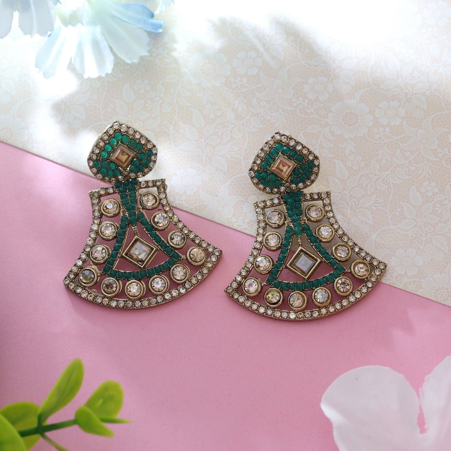 Green Color Fashion Earrings Featuring Classic American Diamond Earrings Finish