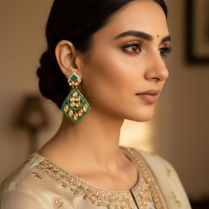 Green Color Fashion Earrings Featuring Chic American Diamond Earrings Style