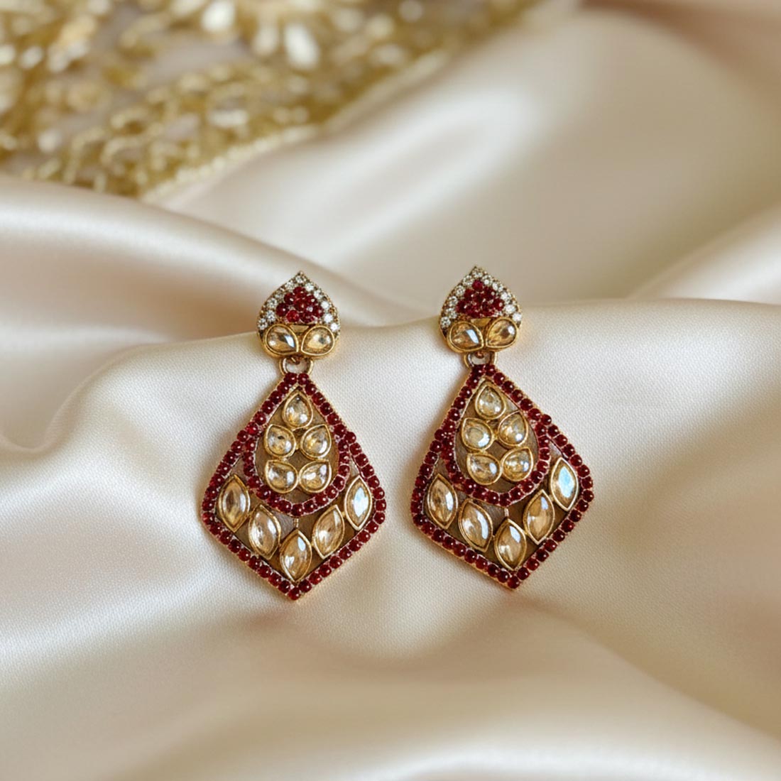 Maroon Color Fashion Earrings With Statement American Diamond Earrings Finish
