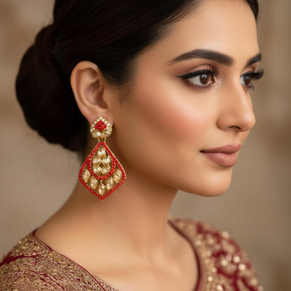 Red Color Fashion Earrings With Festive American Diamond Earrings Shine