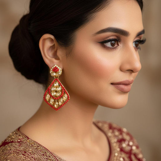Red Color Fashion Earrings With Festive American Diamond Earrings Shine