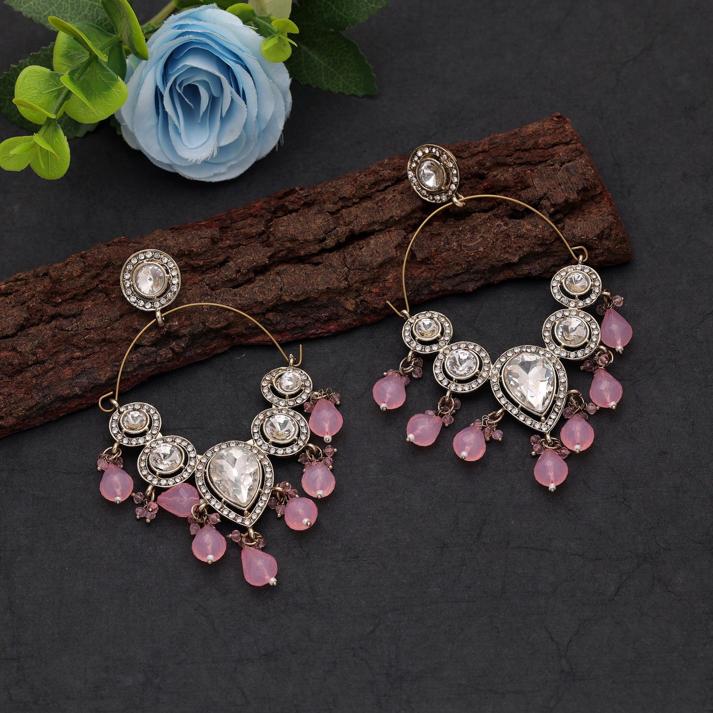 Light Pink Stone Kashmiri Earrings Crafted with Elegant Ethnic Designer Finish