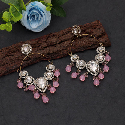 Light Pink Stone Kashmiri Earrings Crafted with Elegant Ethnic Designer Finish