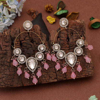 Light Pink Stone Kashmiri Earrings Crafted with Elegant Ethnic Designer Finish