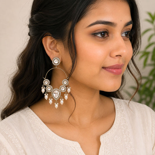 White Color Kashmiri Earrings Featuring Beautiful Artistic Craftsmanship for Festive Wear