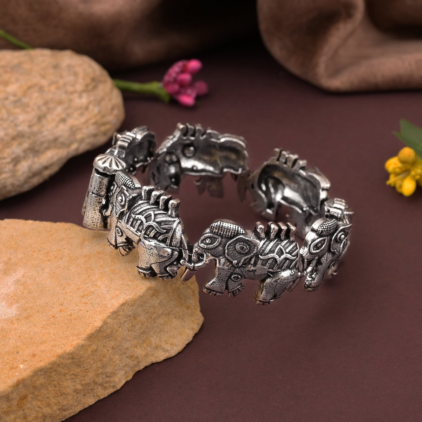 Elegant Silver Color Oxidised Openable Bracelet With Intricate Traditional Detailing