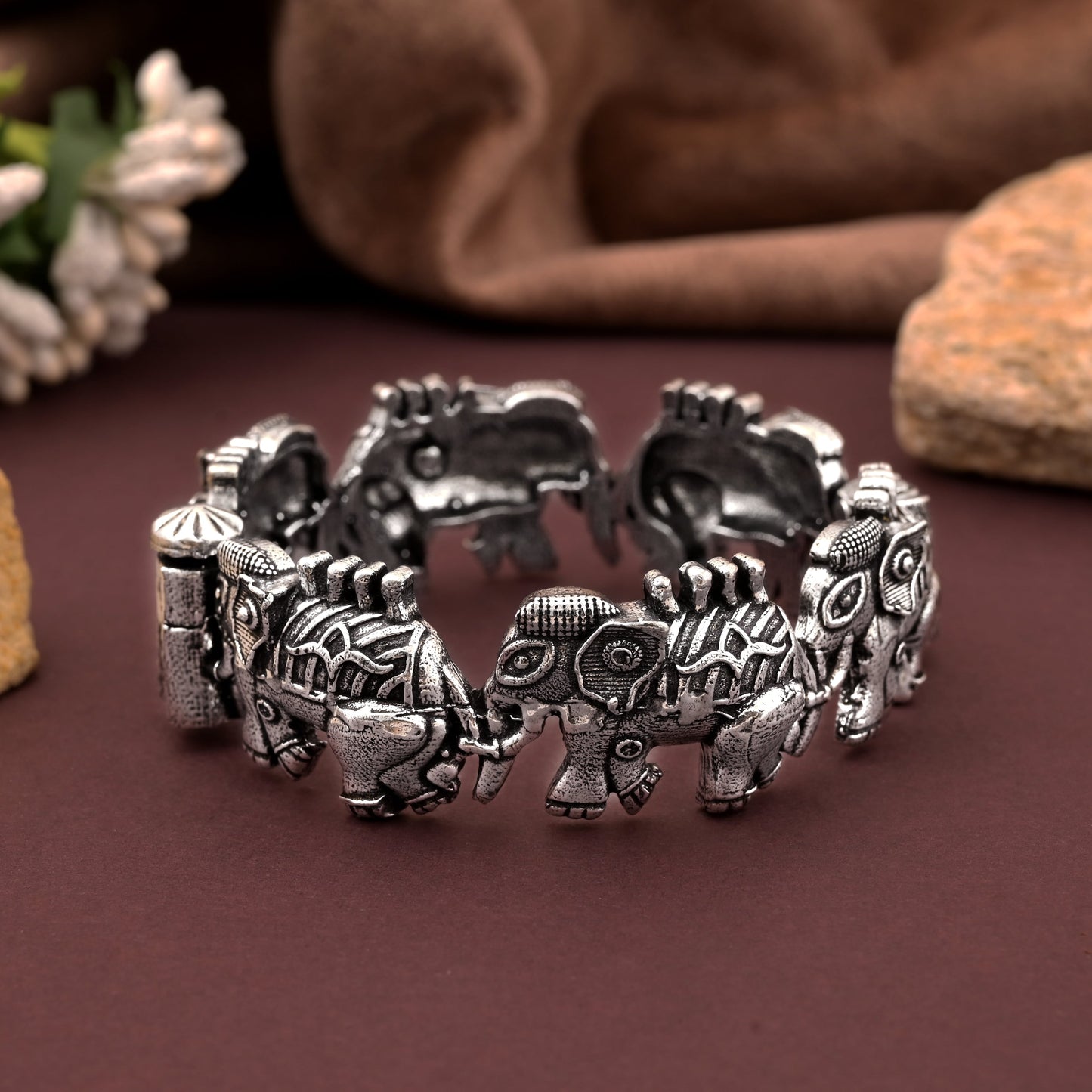 Elegant Silver Color Oxidised Openable Bracelet With Intricate Traditional Detailing