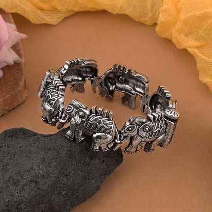 Elegant Silver Color Oxidised Openable Bracelet With Intricate Traditional Detailing