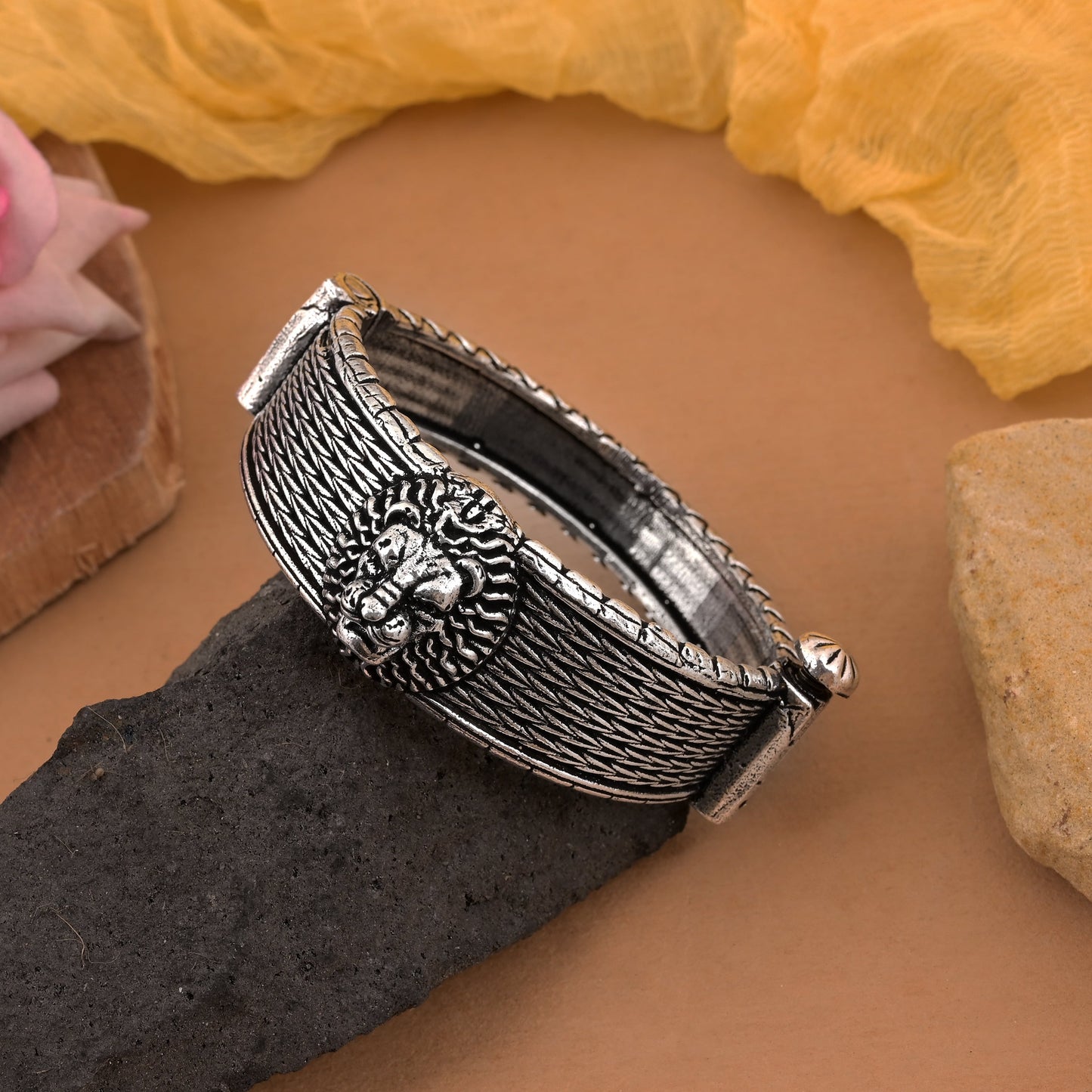 Handcrafted Silver Color Oxidised Openable Bracelet With Vintage-Inspired Style