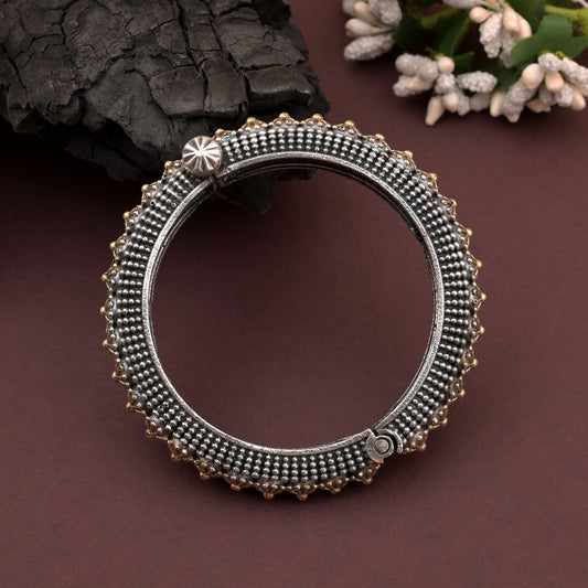 Elegant Gold & Silver Color Two Tone Oxidised Openable Bracelet With Ethnic Charm