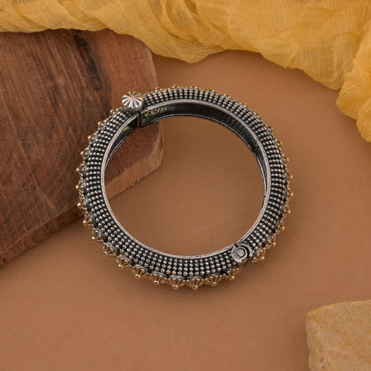 Elegant Gold & Silver Color Two Tone Oxidised Openable Bracelet With Ethnic Charm