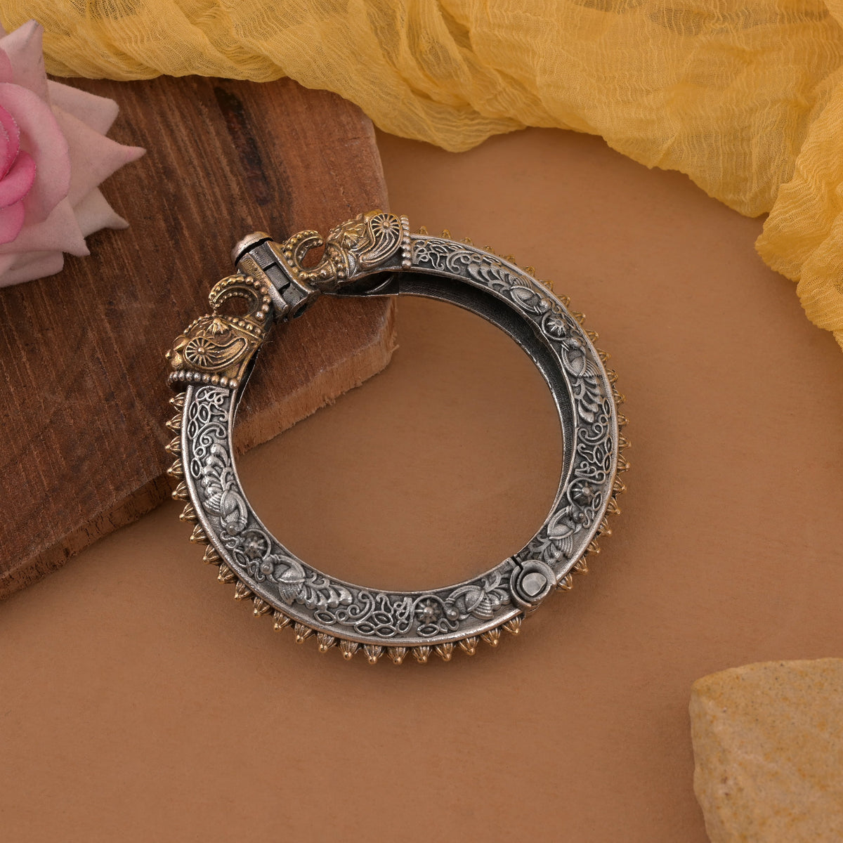 Gold & Silver Color Two Tone Oxidised Openable Bracelet With Carved Detailing | FEMNARI