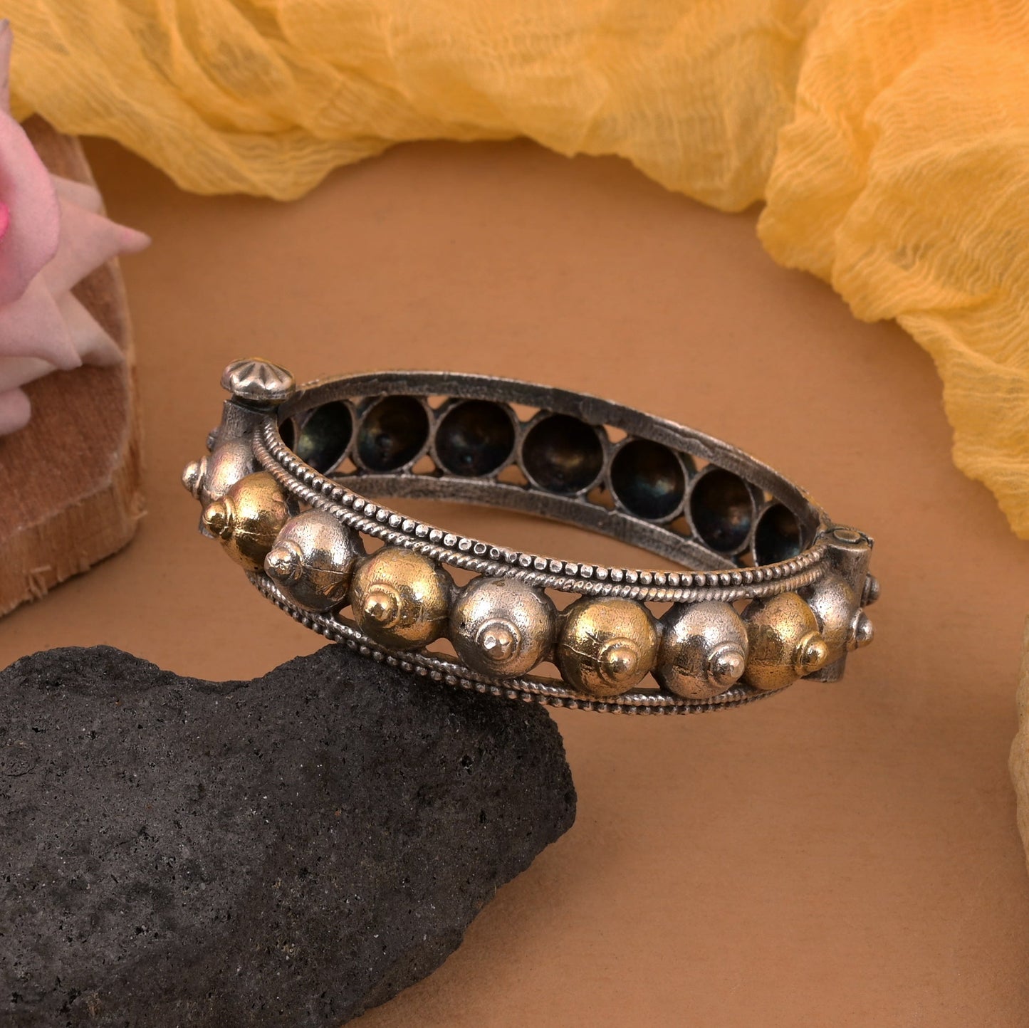 Sophisticated Gold & Silver Color Two Tone Oxidised Openable Bracelet For Festivities