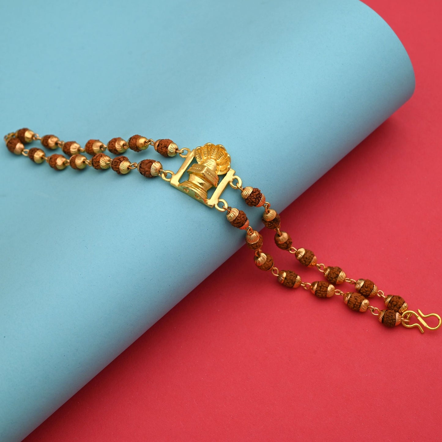 Gold Color Sacred Rudraksha Bracelet Featuring Lord Shivling Pendant Design
