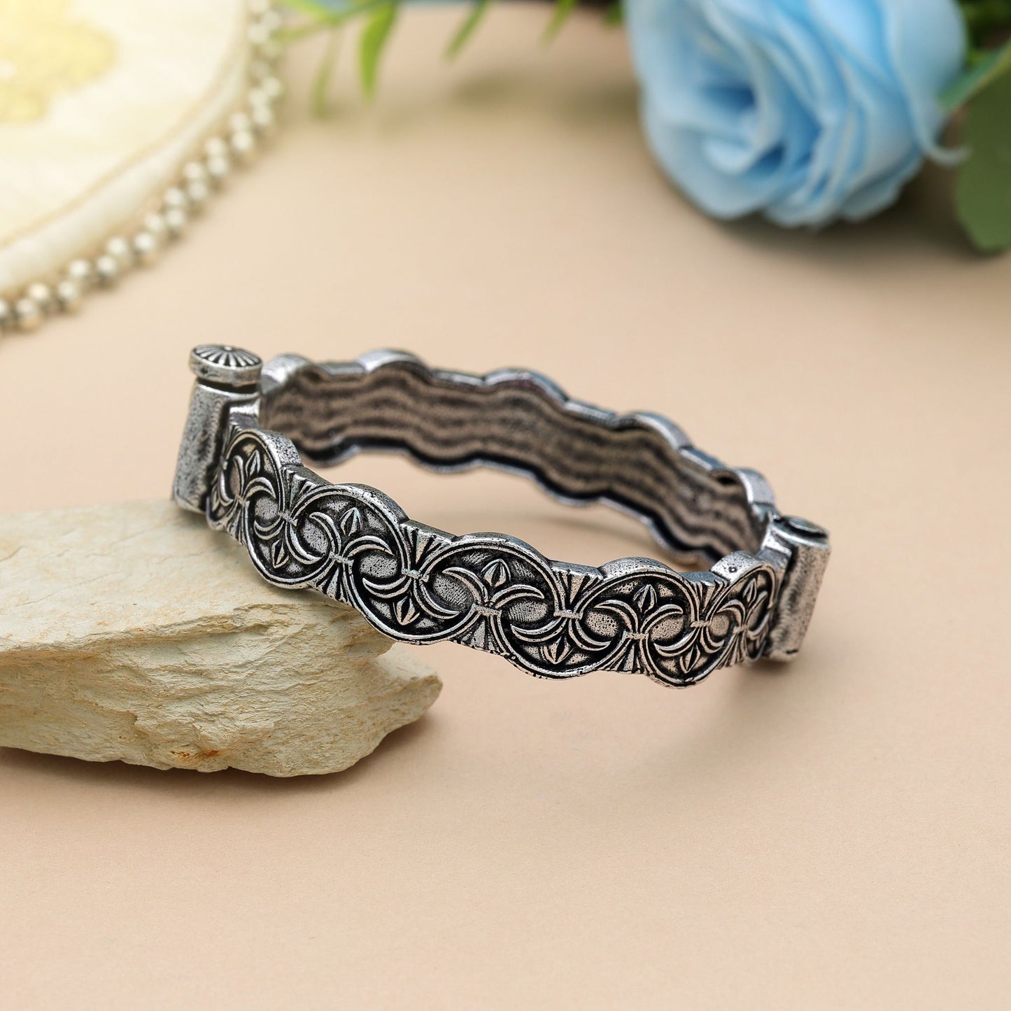 Premium Silver Color Oxidised Openable Bracelet With Antique Tribal Inspired Elegant Finish Design