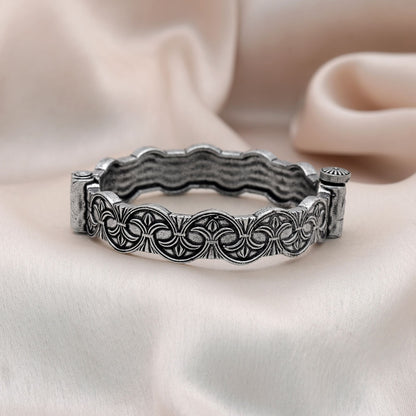 Premium Silver Color Oxidised Openable Bracelet With Antique Tribal Inspired Elegant Finish Design