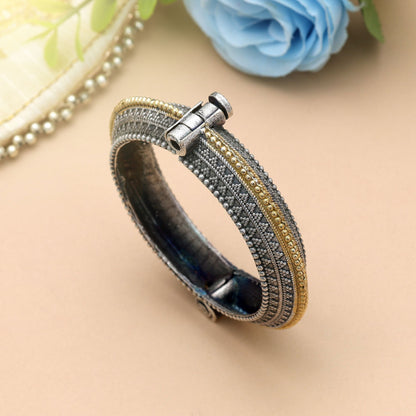 Designer Gold & Silver Color Two Tone Oxidised Openable Bracelet With Antique Artwork Finish