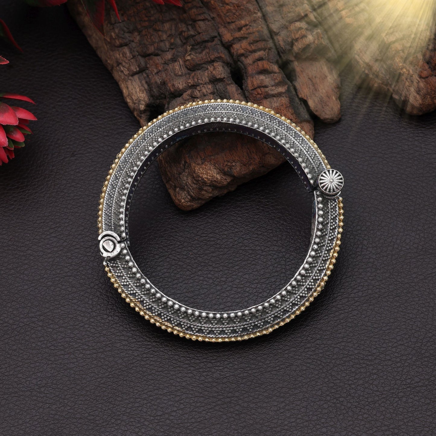 Designer Gold & Silver Color Two Tone Oxidised Openable Bracelet With Antique Artwork Finish