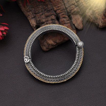 Designer Gold & Silver Color Two Tone Oxidised Openable Bracelet With Antique Artwork Finish