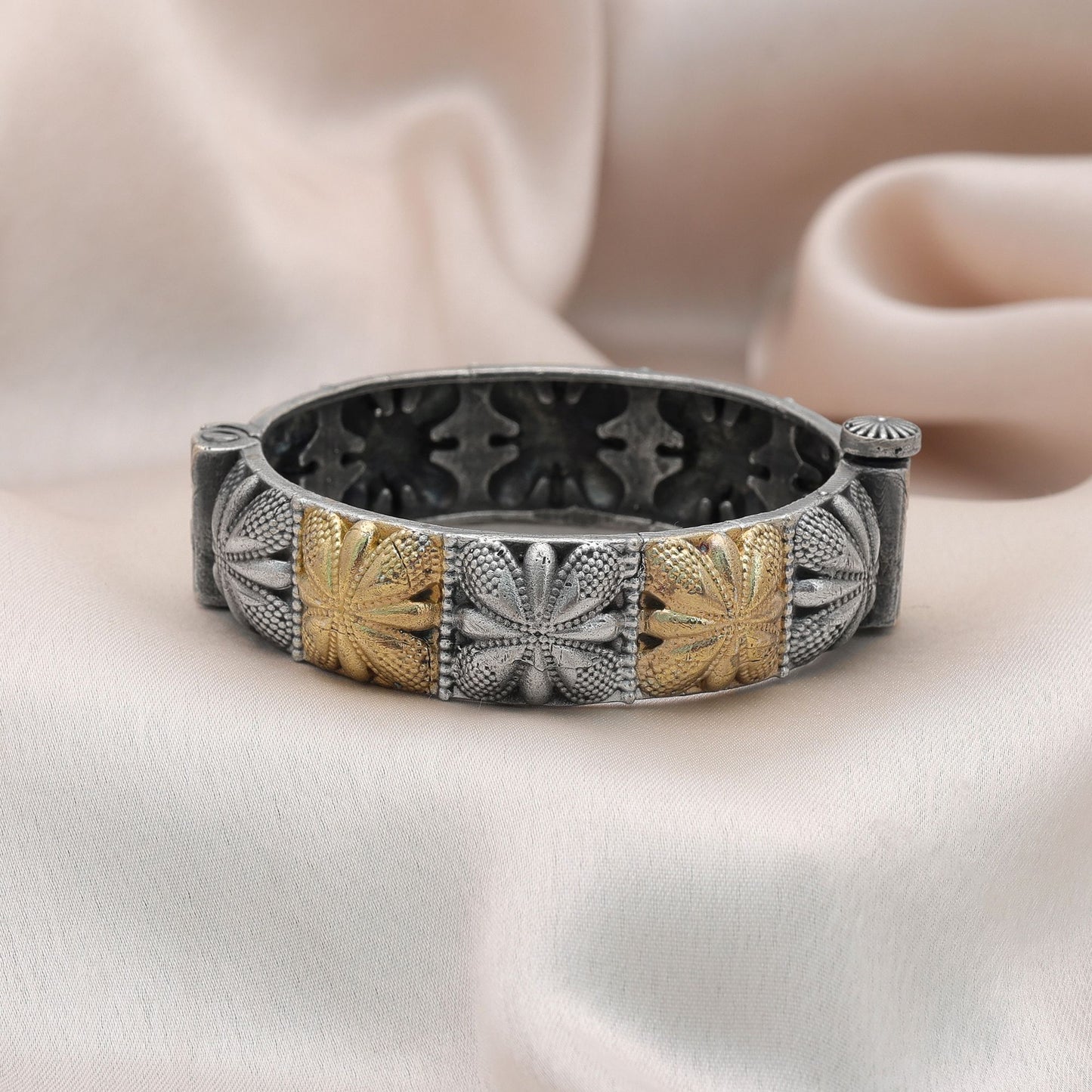 Beautiful Gold & Silver Color Two Tone Oxidised Openable Bracelet With Ethnic Jewelry Artwork Design